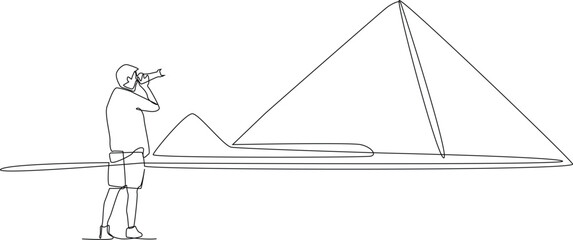 Continuous one-line drawing men capture the scenery with the camera. Experiential in traveler concept. Single line drawing design graphic vector illustration