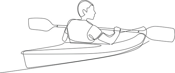 Continuous one-line drawing boy rowing a small board in the river. Experiential in traveler concept. Single line drawing design graphic vector illustration