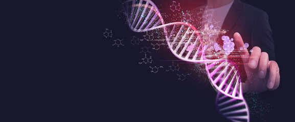DNA helix concept of new ideas with Digital Virtual analysis chromosome DNA test of human in situations disease COVID-19 virus on hands in 3D illustration. Of free space for texts and creativity.