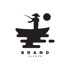 Fishing logo design, fisherman on boat logo template