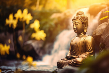  buddha statue sitting on a rock with waterfall, generative AI