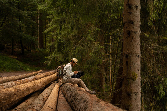 Man sitting on lumber in the forest