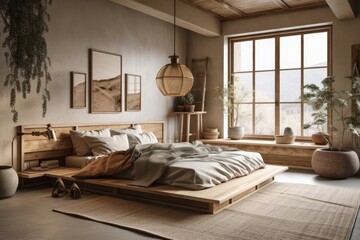 Japandi farmhouse bedroom. Beige apartment with natural wood furnishings and dry plants. Illustration. Generative AI - obrazy, fototapety, plakaty