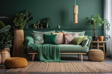 Boho sofa, gorgeous cushions, side table, trendy home décor, and personal items in living room. Details. Template. Copies. Generative AI