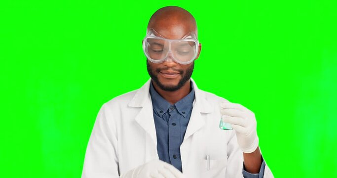 Black man, scientist and bad medicine on green screen finger shake for healthcare mistake, lab research error or wrong medical smell. Portrait, laboratory and vaccine no gesture on studio chroma key