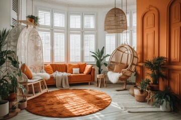 White and orange Boho farmhouse living room with potted plants and lace hanging chair. Parquet and wooden shutters. Boho interior design,. Generative AI