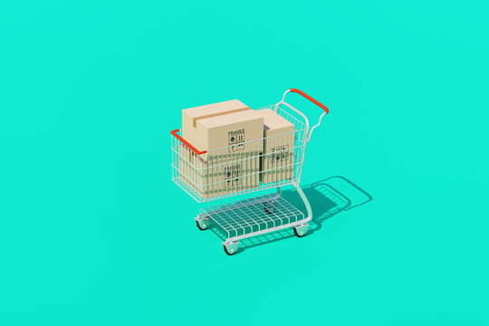 Delivery / shipping concept cardboard package boxes in cart