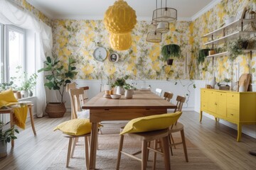 Fototapeta na wymiar White and yellow farmhouse dining room. Floral wallpaper, seats, table. Japanese interiors. Generative AI