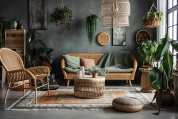 Bohemian apartment interior design with gray couch, rattan armchair, cube, plaid, cushions, tropical plants, macrame, and stylish accessories. Interior design. Template. Generative AI