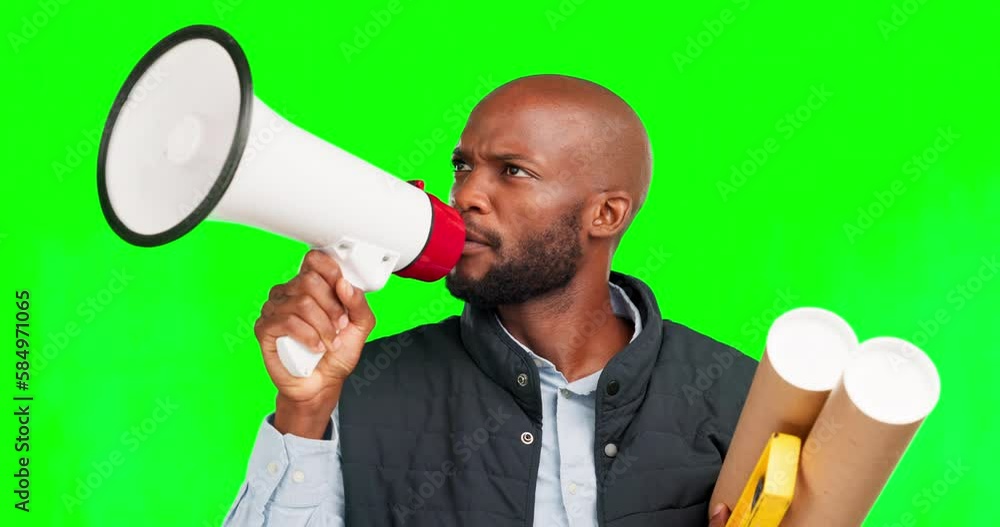 Poster megaphone, construction and an engineer black man on a green screen background in studio for an anno