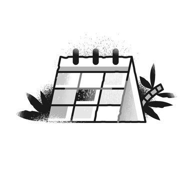 Black and white calendar illustration. 
