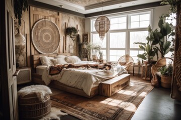 Boho chic wooden farmhouse bedroom. White and bleached rattan bed and furnishings. Country wallpaper, antique decor. Plan, top,. Generative AI