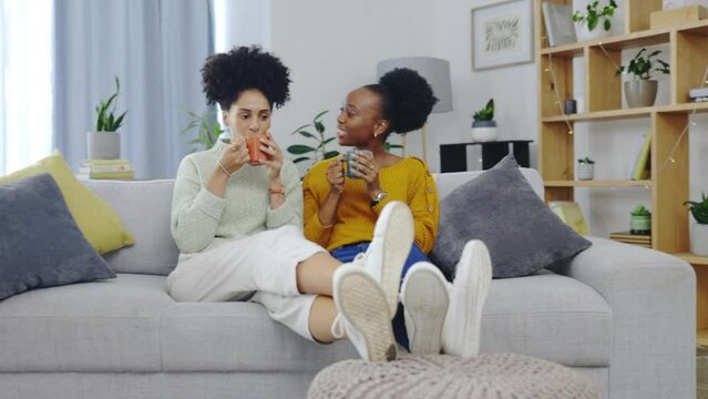 Coffee, Relax Conversation And Girl Friends On A Living Room Sofa At Home Talking In The Lounge. House Couch, Young People And Happy Communication With A Smile And Hot Drink Speaking And Listening