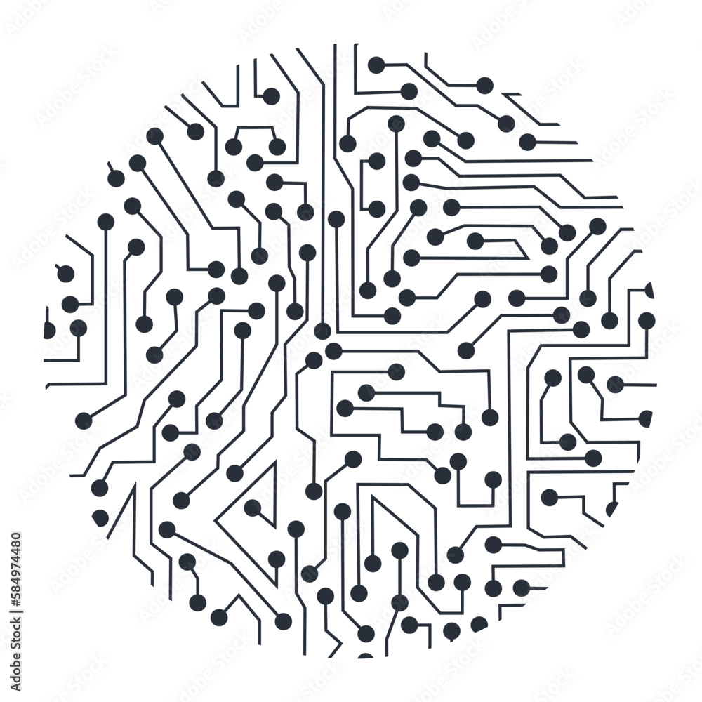 Poster round drawing of an electronic microcircuit. background for digital technologies. vector linear illu