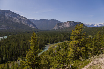 Bow River Valley - clear blue water, pine forest island, beautiful Rundle Mountains in the background all around - Banff Summer Tourism