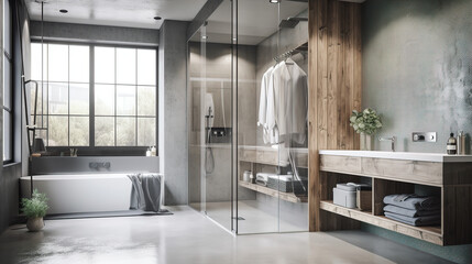 Contemporary Elegance - 3D Render of a Modern Loft Bathroom with Polished Concrete Walls, White Marble Vanity Counter, and Reeded Glass Shower Partition for Interior Design Background