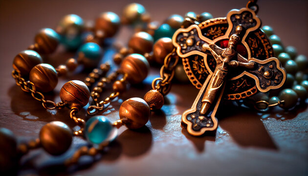 Religious necklace with intricate cross and rosary beads generated by AI