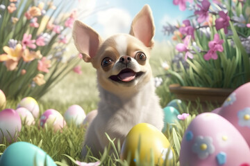 Fototapeta na wymiar Celebrating Easter with a Cute and Colorful Cartoon Chihuahua Surrounded by Eggs and Flowers. Generative AI