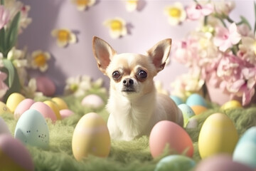 Fototapeta na wymiar Hopping into Easter with a Sweet and Playful Cartoon Chihuahua in Pastel Colours. Generative AI