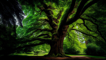 Obraz premium Tree branches and leaves glow in sunlight outdoors generated by AI