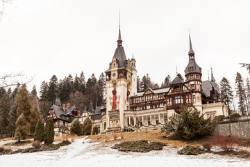 Fototapeta premium Beautiful view of peles castle in Sinaia, Romania. Mediaval castle