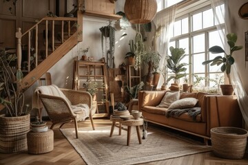 Boho country mezzanine living room. Sofa, rattan armchair, bleached wooden side table. Jute carpet, potted plants. Bohemian decor,. Generative AI