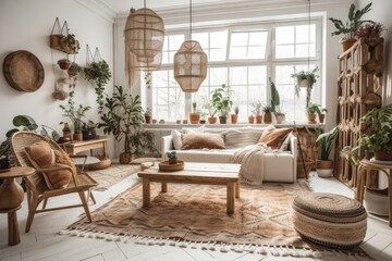Bright bohemian living room. Decor. Generative AI