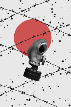 Collage art with gasmask and barbed wire