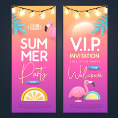 Summer cocktail disco party poster with 3D plastic flamingo, tropic fruits and string of lights. Invitation design. Vector illustration