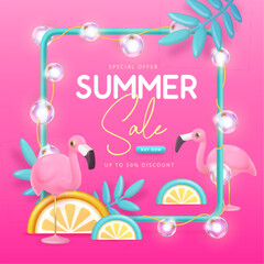 Summer big sale typography poster with 3d plastic flamingo, tropic fruits and tropic leaves. Summer background. Vector illustration.