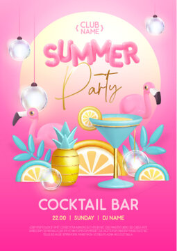 Summer cocktail disco party typography poster with 3D plastic text, flamingo, cocktail and tropic leaves. Vector illustration