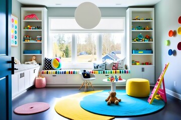 A bright and airy playroom with a large chalkboard and plenty of toys. Generative Ai.