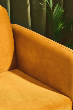 mustard couch in front of green curtain and plant. 