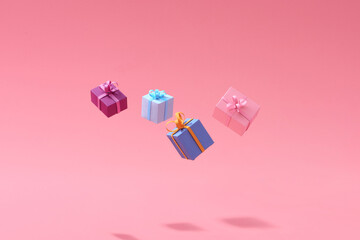 Many Flying Gift Boxes On Pink