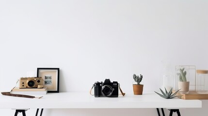 Cropped shot of minimal workspace with camera, decorations and copy space on white table with white wall. generative ai