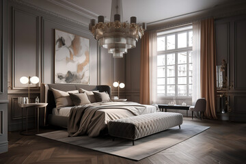 Luxury-style bedroom interior with a master bed in the home and hotels, 3d render, generative AI.