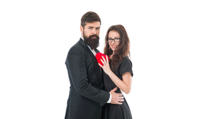 Celebrate anniversary. Happy valentines day. Special day. Couple in love. Family couple. Married couple hold red heart. Happy relationship concept. Perfect match. Agreement and mutual understanding