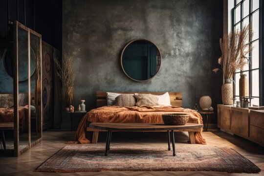loft style picture shoot with vibrant colors. Modern bed with grey wall texture. Boho. a clothing hanger and a mirror table. Generative AI