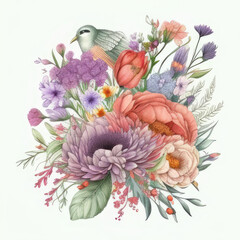 Vintage bouquet of beautiful flowers with Paradise Bird. Floral botanical background. Created with Generative AI.