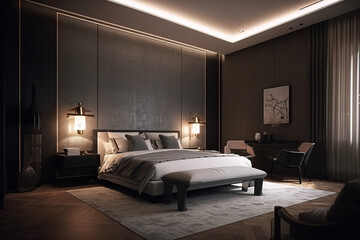 Luxury-style bedroom interior with a master bed in the home and hotels, 3d render, generative AI.