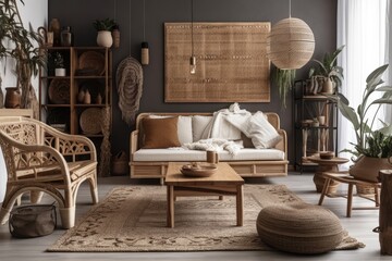 Bali style living room with natural materials and macrame on white wall. Vertical view of comfy armchair with cushions near bamboo coffee table with home décor. Generative AI