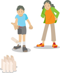 モルックを体験する子供と母親