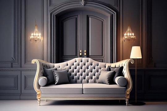 3d rendering luxury wingle sofa with classic door. Generative Ai