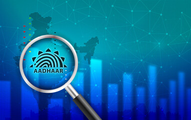 Delhi, India - march 10, 2023 : Aadhar card logo  background illustration with Indian map