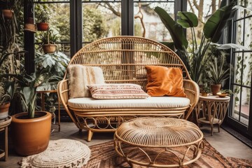 Fototapeta premium Boho patio rattan couch with cushion. Generative AI