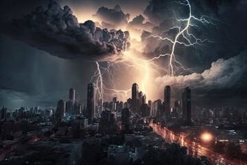 A dramatic thunderstorm over a city. Generative AI