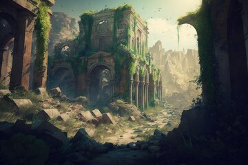 A ruined city overgrown with vegetation. Generative AI