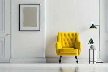 Living room interior has a yellow armchair on empty white wall background, big blank space. Generative Ai