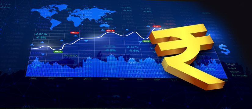 Indian business success concept, indian rupee 3d rendering with growth graph illustration background