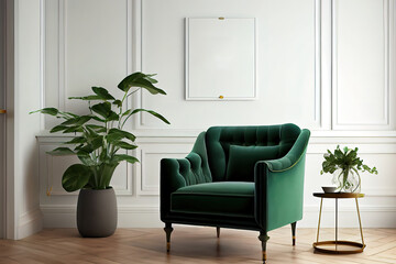 Living room wall mockup with green velvet armchair on blank white interior background. Generative Ai